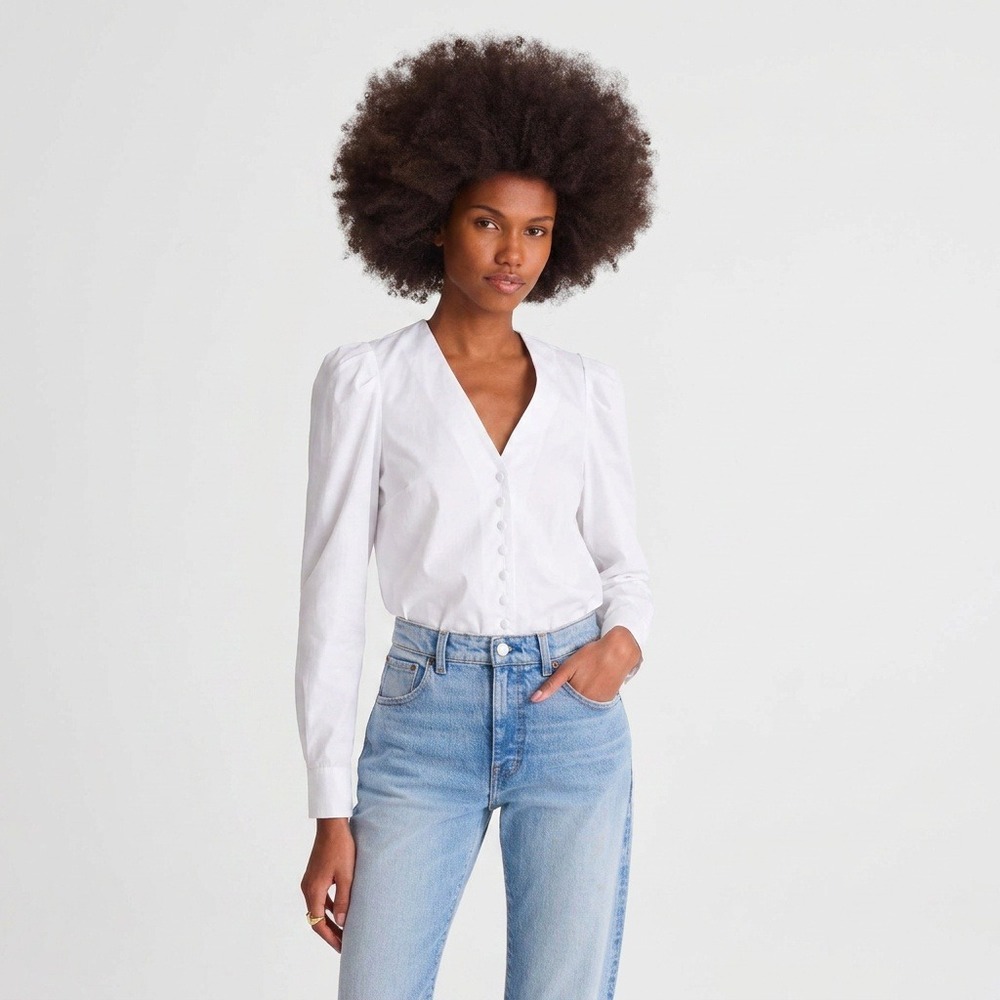 Madewell Womens XL White Tie Neck V- Neck Button Front Top Puff Sleeve Blouse